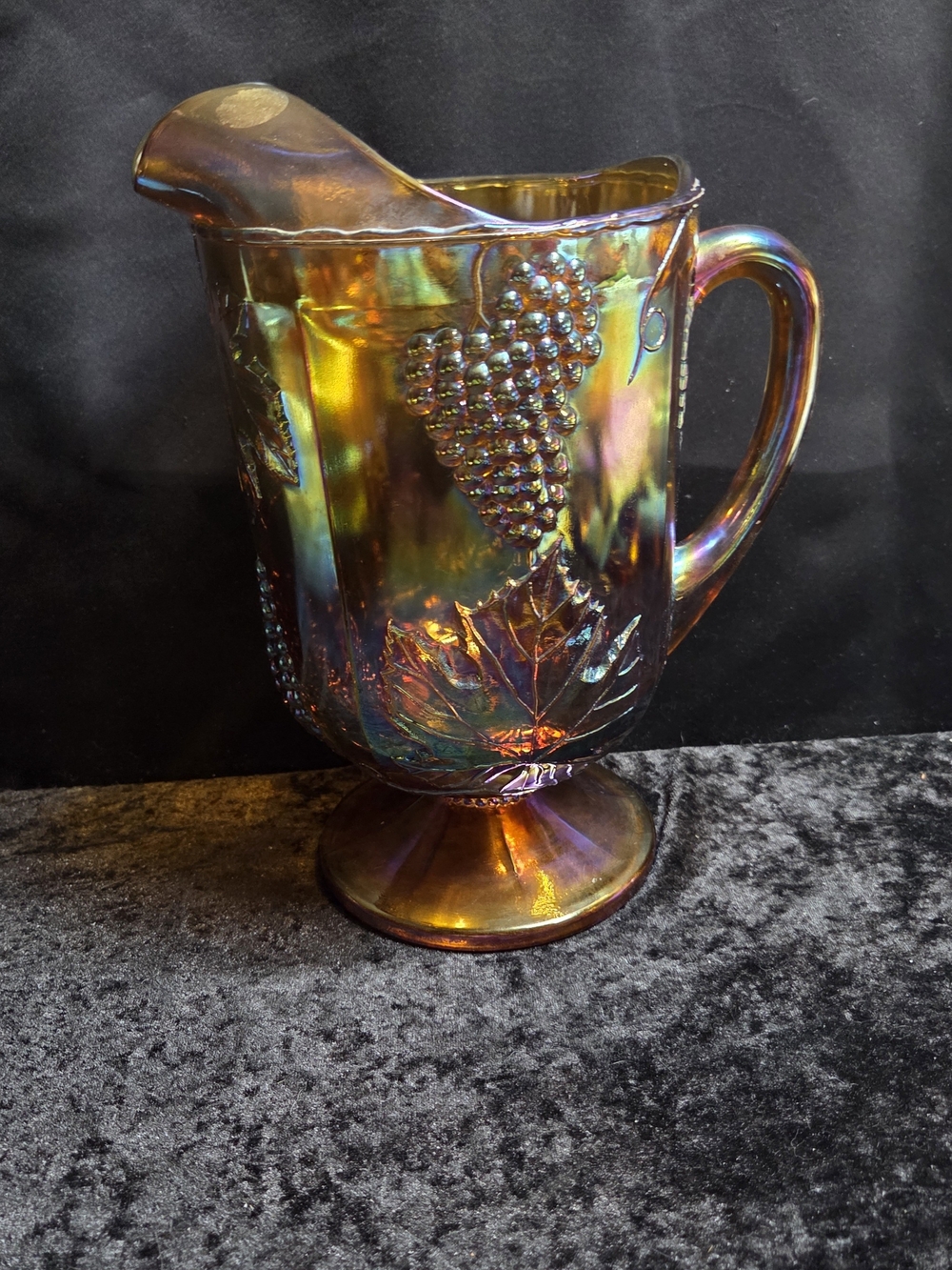 Vintage Indiana Glass Amber Gold Carnival Pitcher Large Harvest Grapes